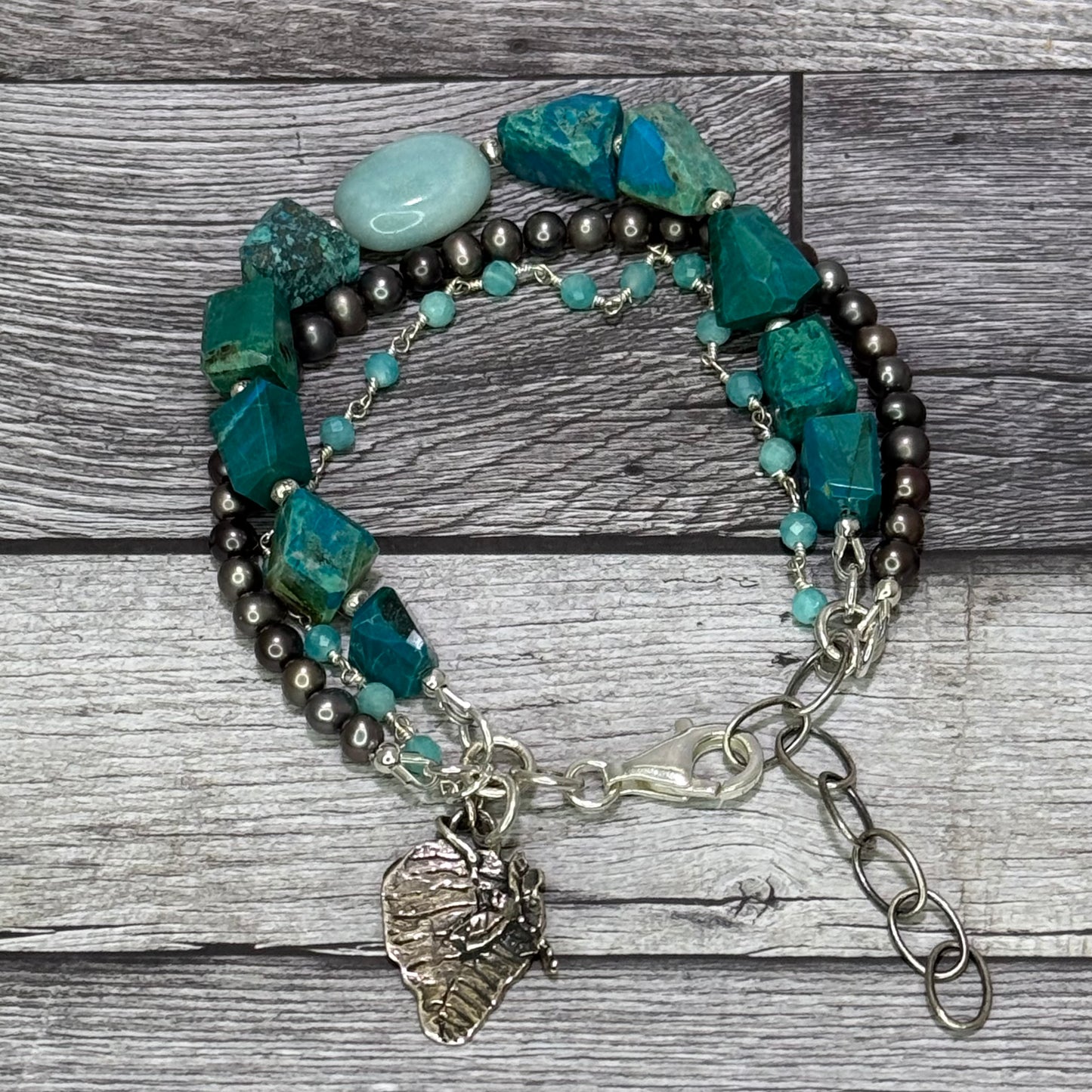 Secret Garden - Chrysocolla and Amazonite 3 Strand Bracelet with Artisan Sterling Silver Dragonfly/Leaf Charm