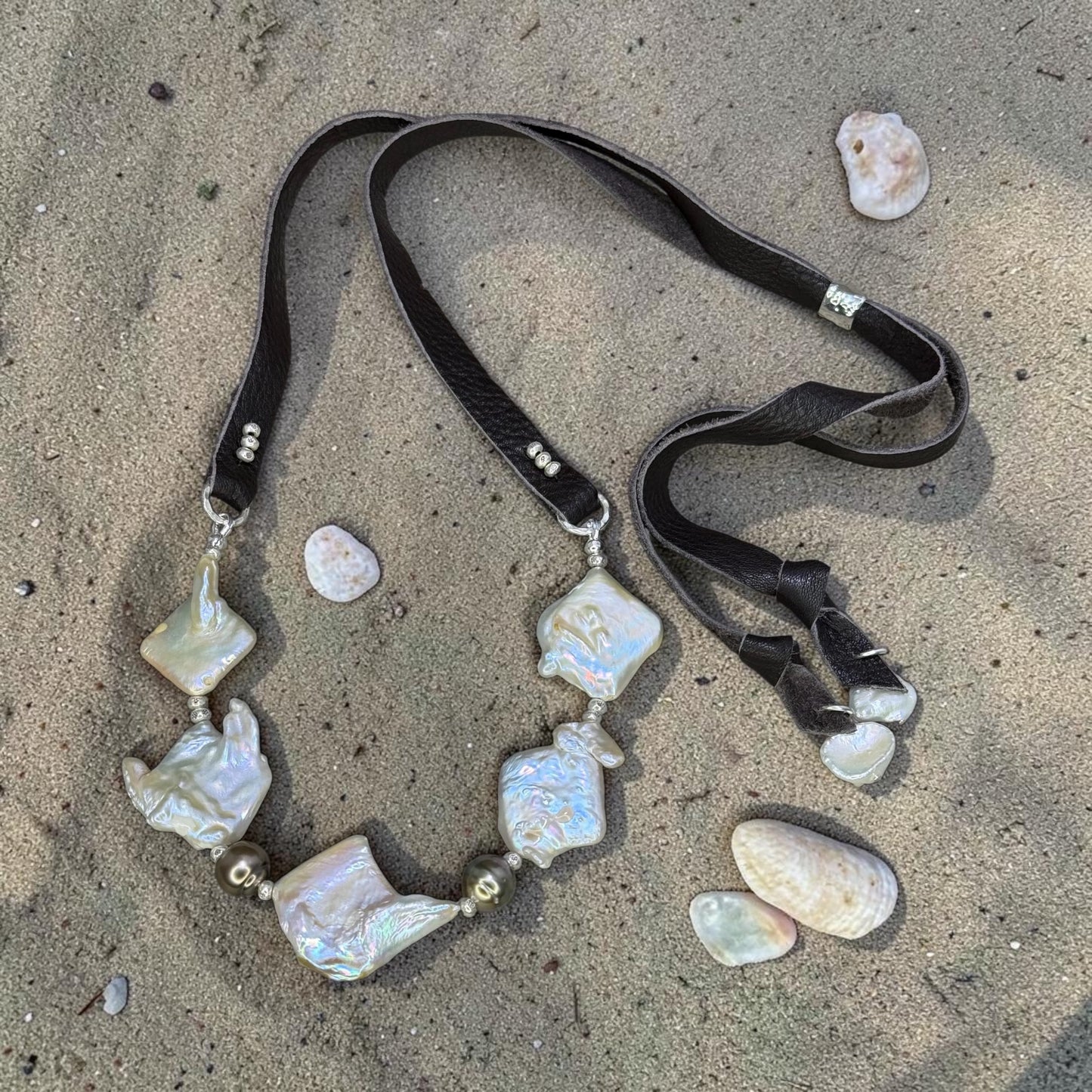 Neptune - Beautiful White Biwa and Tahitian Pearls - Leather Adjustable Necklace