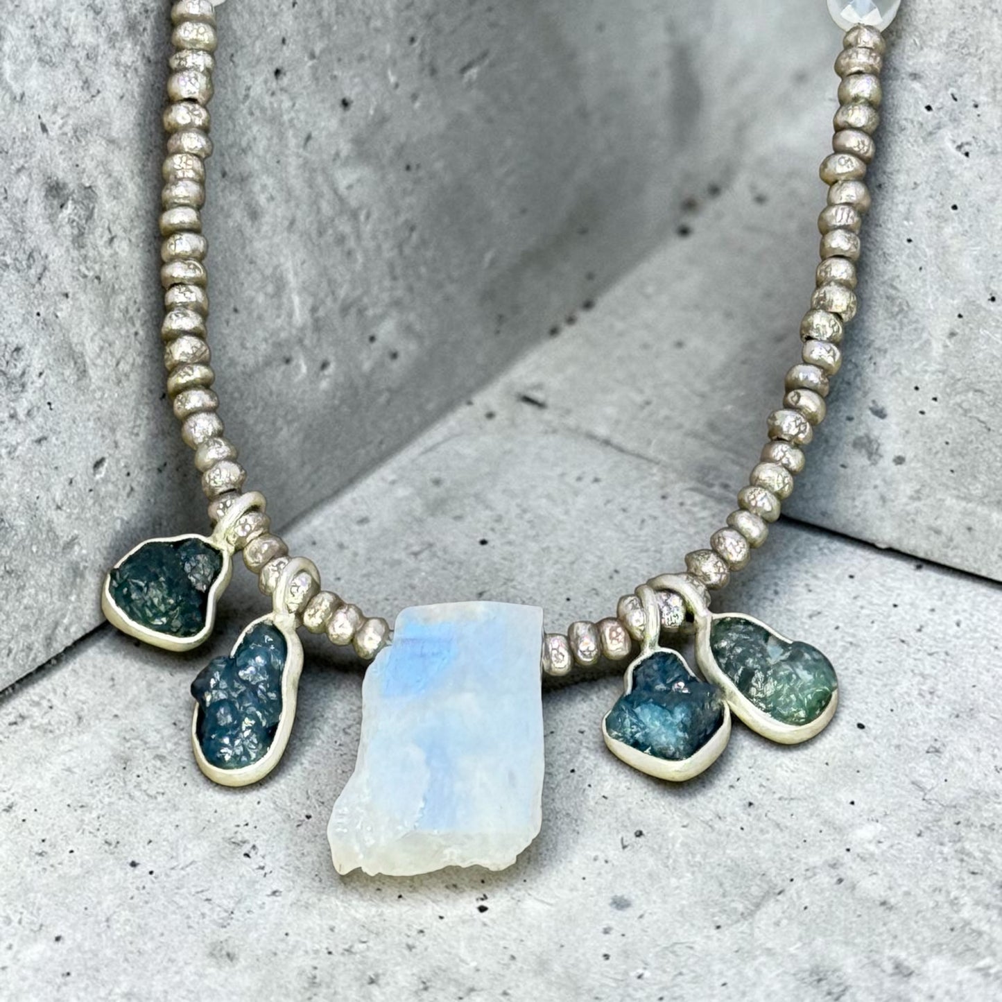 Diamond In The Rough - Raw, Natural Diamonds, Rainbow Moonstone, and Handmade Pure Silver Necklace - Choose Silver or Blue Diamonds