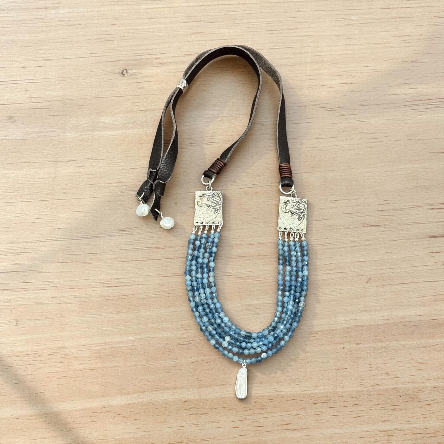 Moon Over Matinicus - Blue Aquamarine and Artisan Handmade Sterling Silver Tree+Moon - Adjustable Leather Necklace