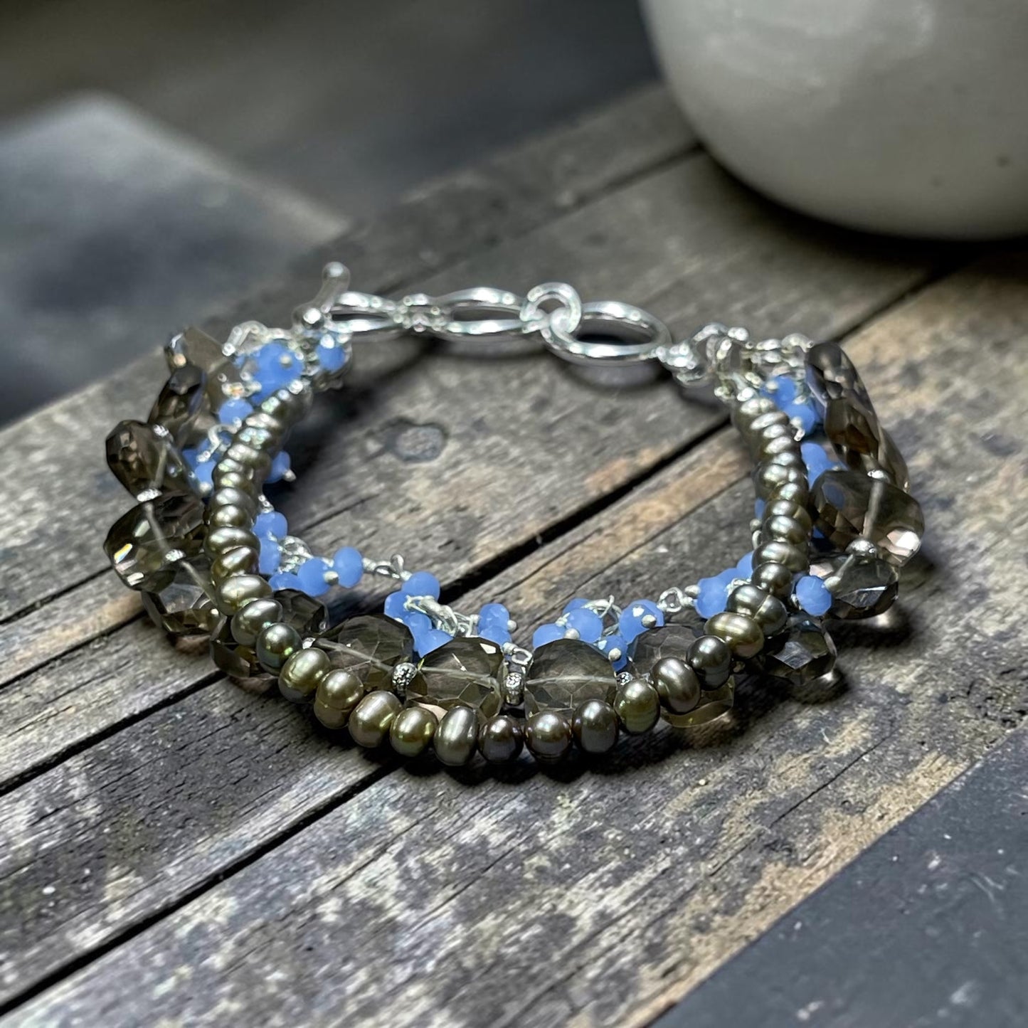 Smoke & Mirrors - Smokey Quartz, Sage Silver Peacock Pearls, and Blue Chalcedony 3 Strand Bracelet