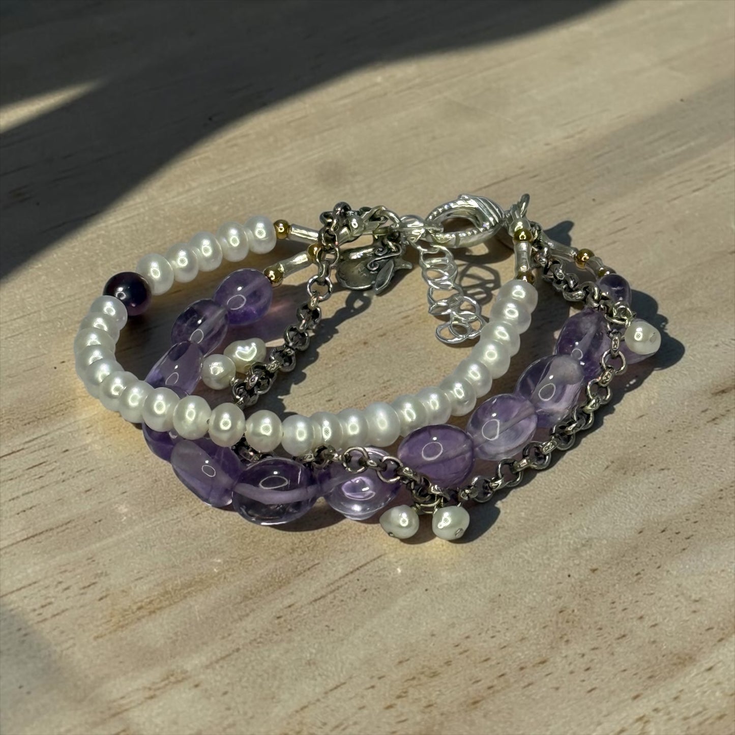 Don’t Blame It On Rio! - Brazilian Amethyst, Pearls, and Handmade Pure Silver Adjustable Bracelet