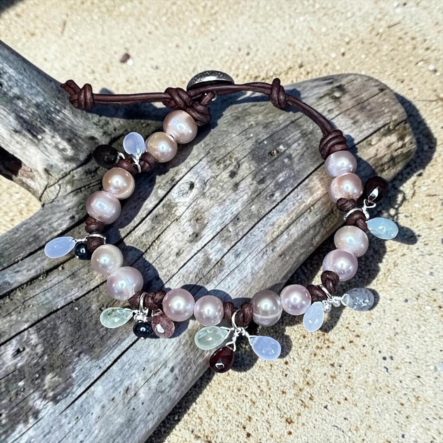 Dawn - AAA Pink Pearls w/Hand Wrapped Sterling Mixed Gemstone Charms Leather Bracelet