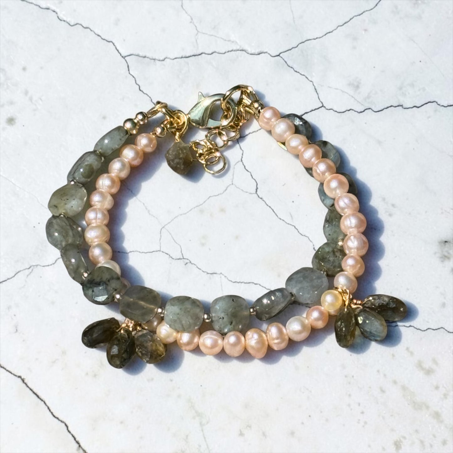 What A Peach - Peach Pearls and Labradorite - 14k Gold Filled Adjustable Bracelet