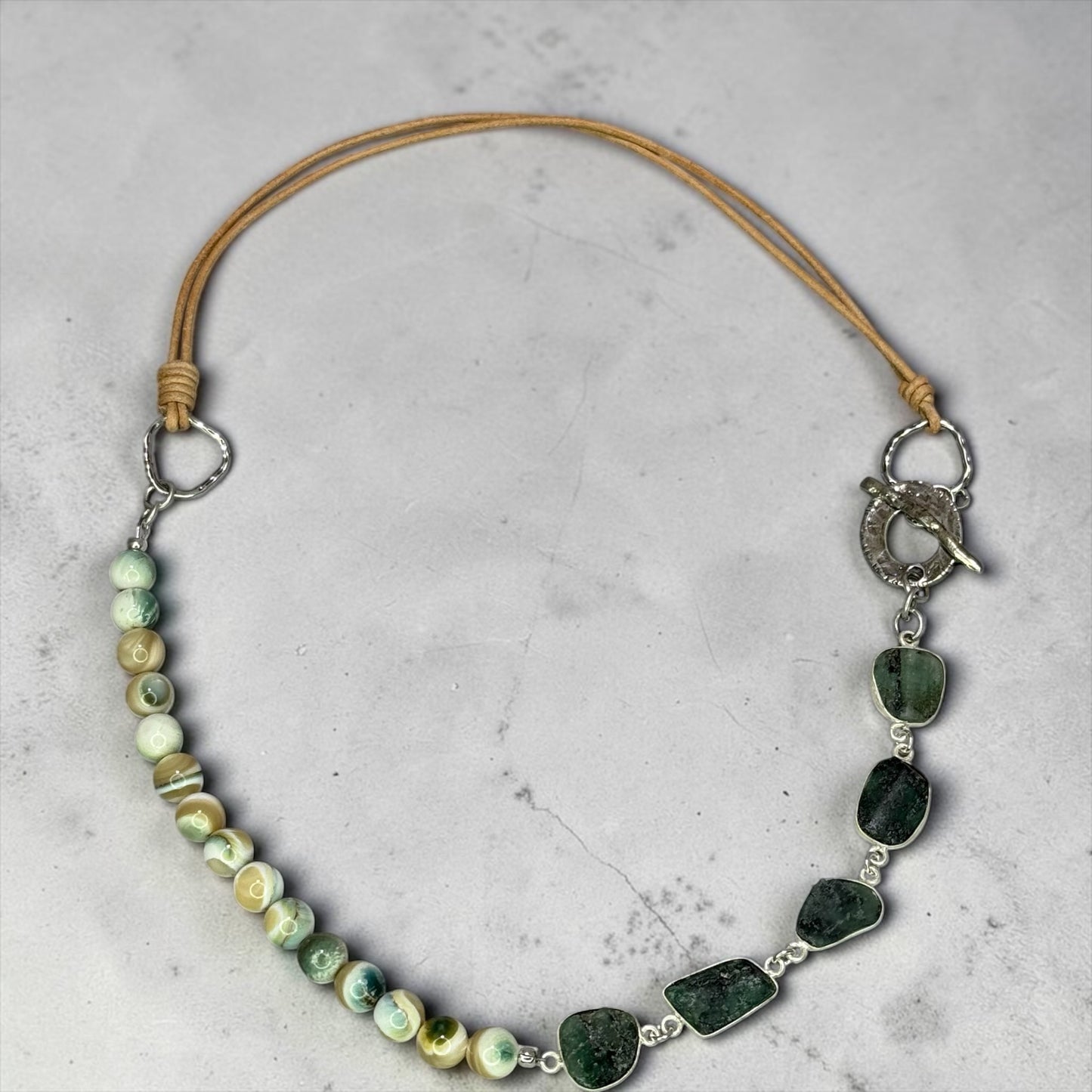 Nature Walk - Hand Cut Raw Emeralds and Turbo Green Mother of Pearl Necklace with Handmade Sterling Silver Clasp