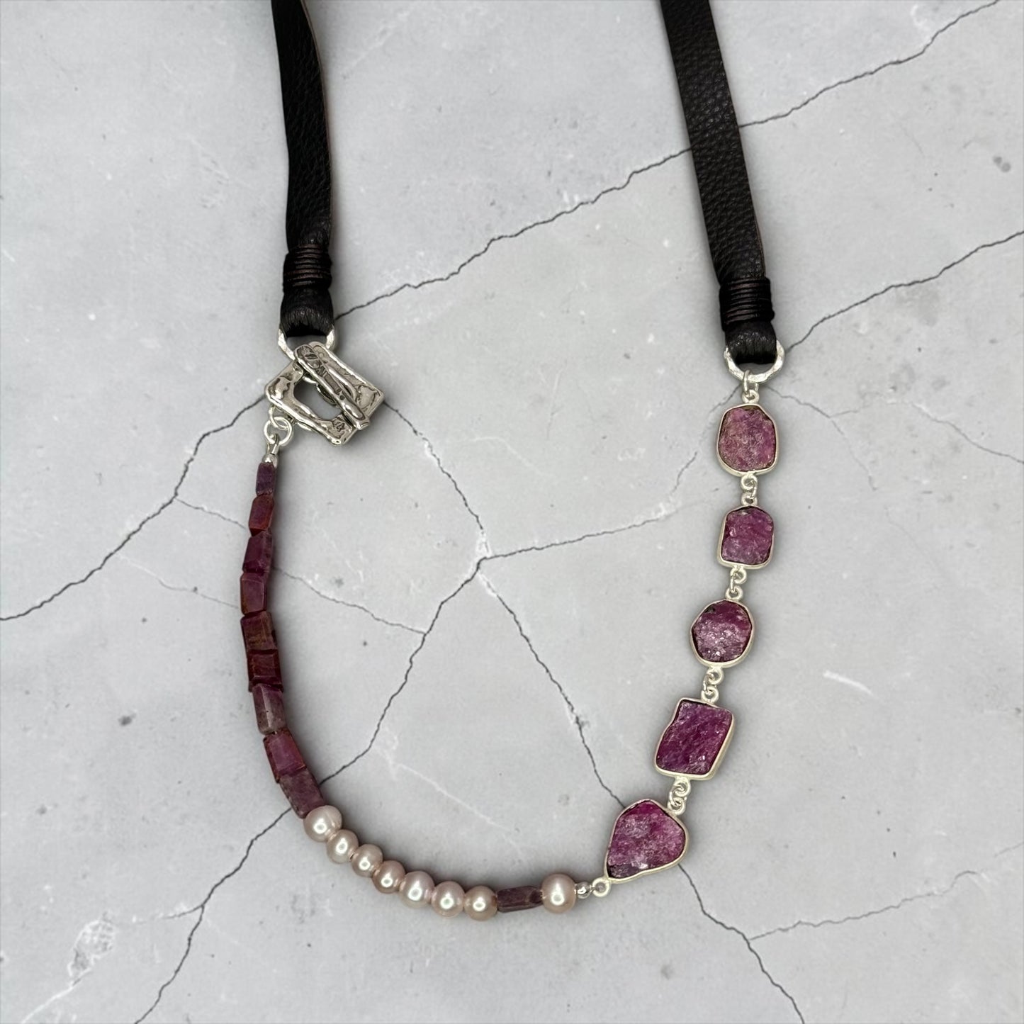 Of Paled Pearls and Rubies - Hand-cut Raw, Genuine Rubies, and Pearls - Adjustable Leather Necklace