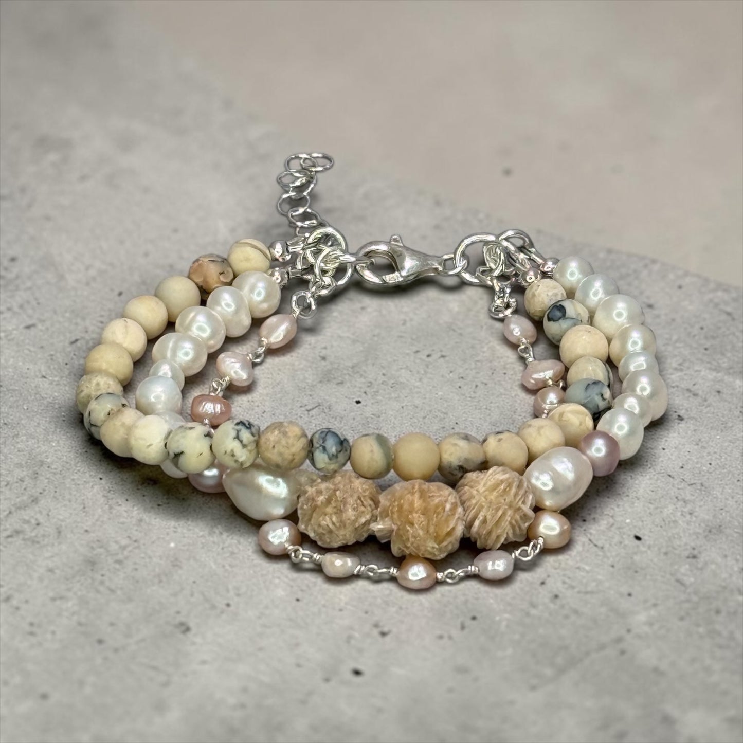 Liquid Light - Raw Selenite, African White Opals, and baby Baroque Pearls