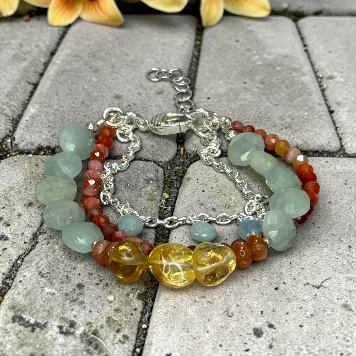 Garden Party - Citrine, Aquamarine, Sunstone, and Red Agate Adjustable 3 Strand Bracelet