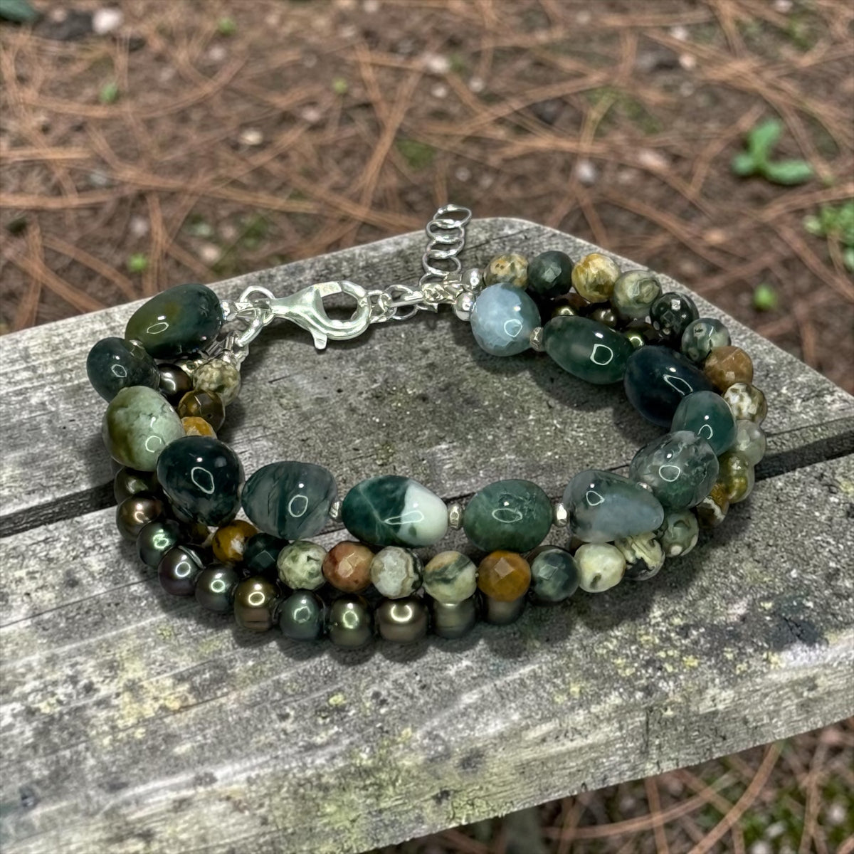 Natural Elements - Green Moss Agate, Ocean Jasper, and Peacock Green Pearls - 3 Strand Adjustable Bracelet