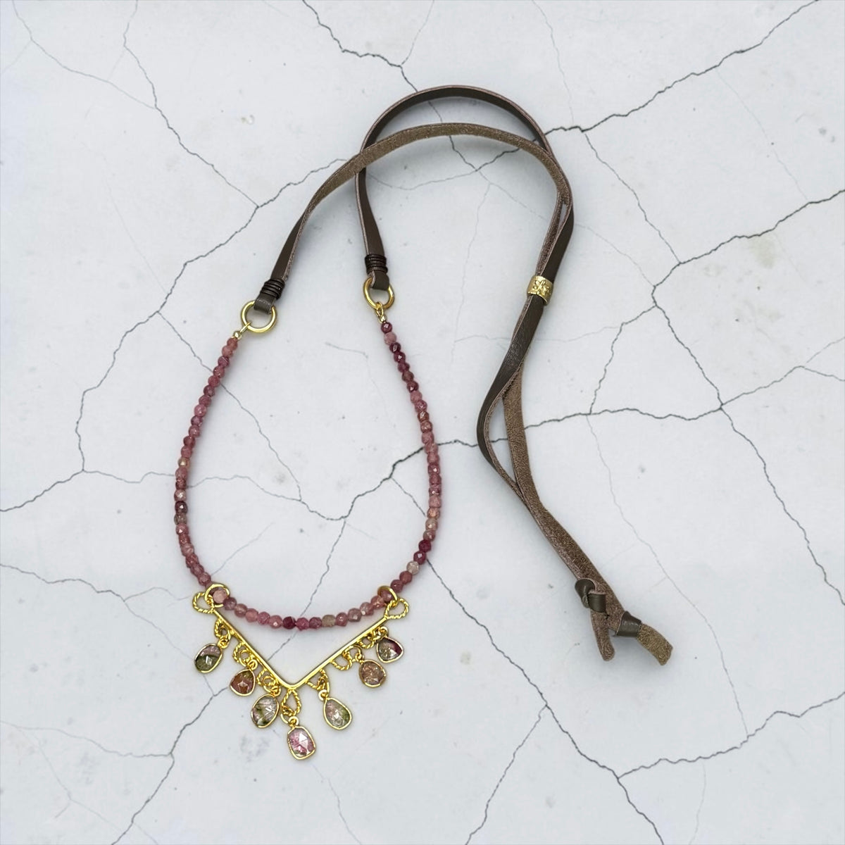 Watermelon Days - Hand Cut Watermelon Tourmaline and 14k Gold - Adjustable Leather Necklace