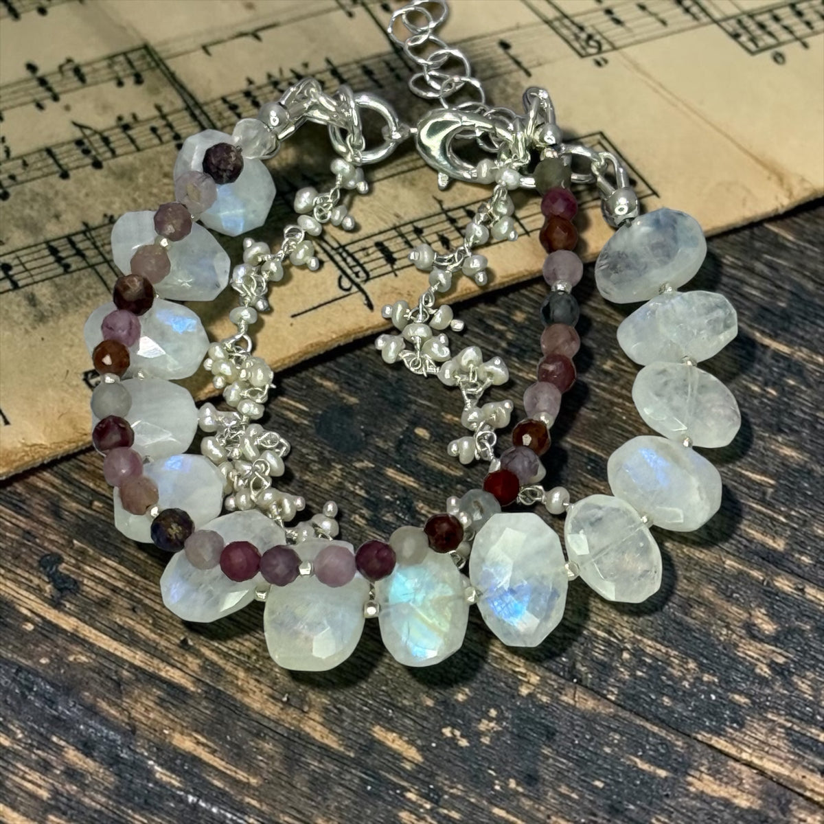 Serenade - Rainbow Moonstone, Multi Spinel, and Pearls - 3 Strand Adjustable Bracelet
