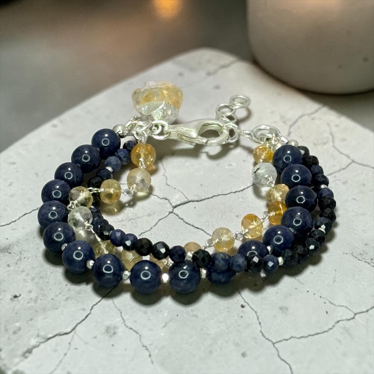 Kashmir Kozy - Velvety Blue Natural Sapphires and Golden Citrine - 3 Strand Adjustable Bracelet