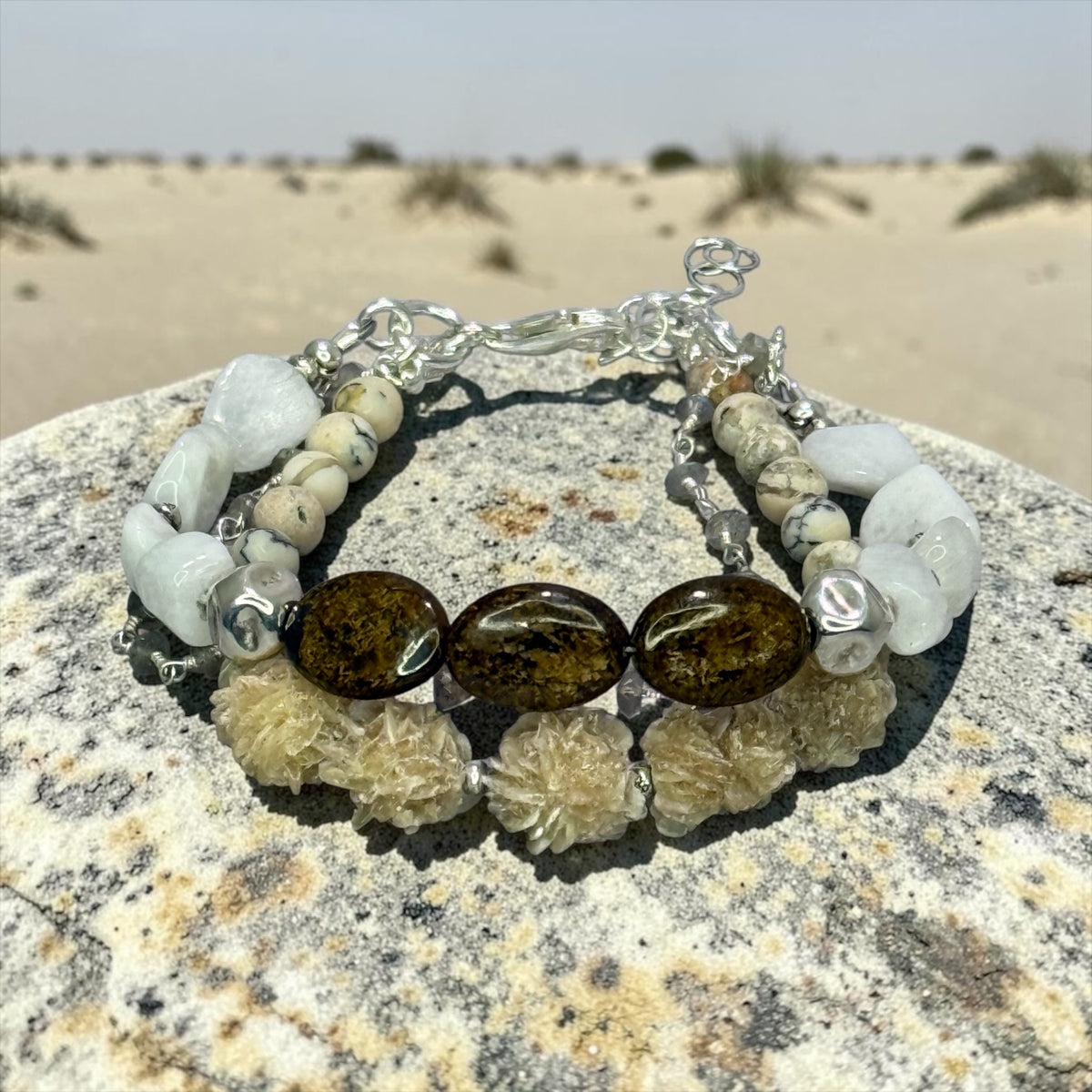 Desert Darling - Raw, Organic Selenite, Moonstone, African White Opal, and Labradorite - 3 Strand Adjustable Bracelet