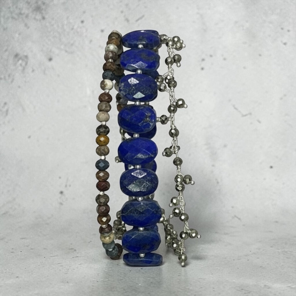 The Eye Of The Storm - Deep Blue Hand Cut Lapis Lazuli, Pietersite, and Pyrite - 3 Strand Adjustable Bracelet
