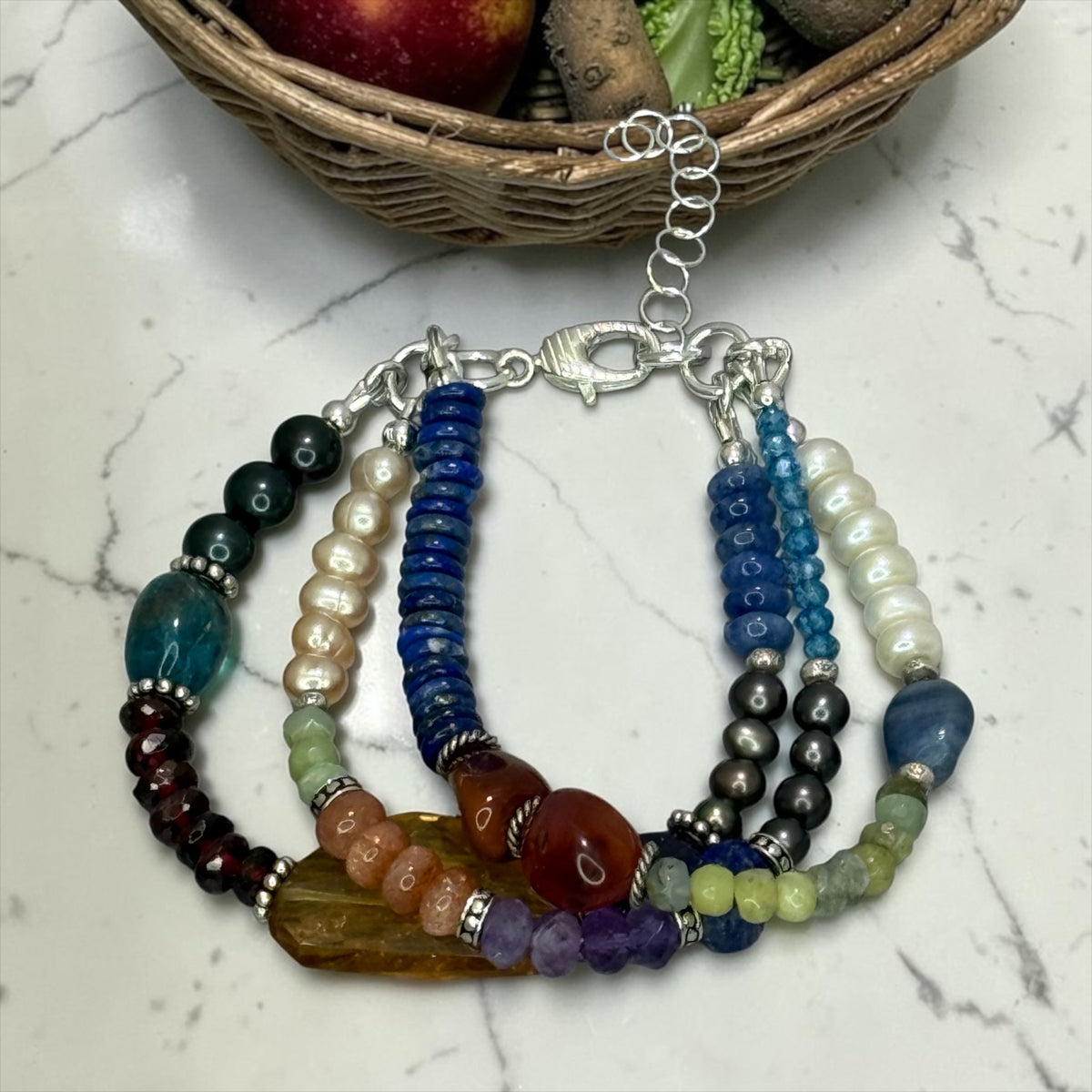 Market Basket - Mixed Gemstone 3 Strand Adjustable Bracelet