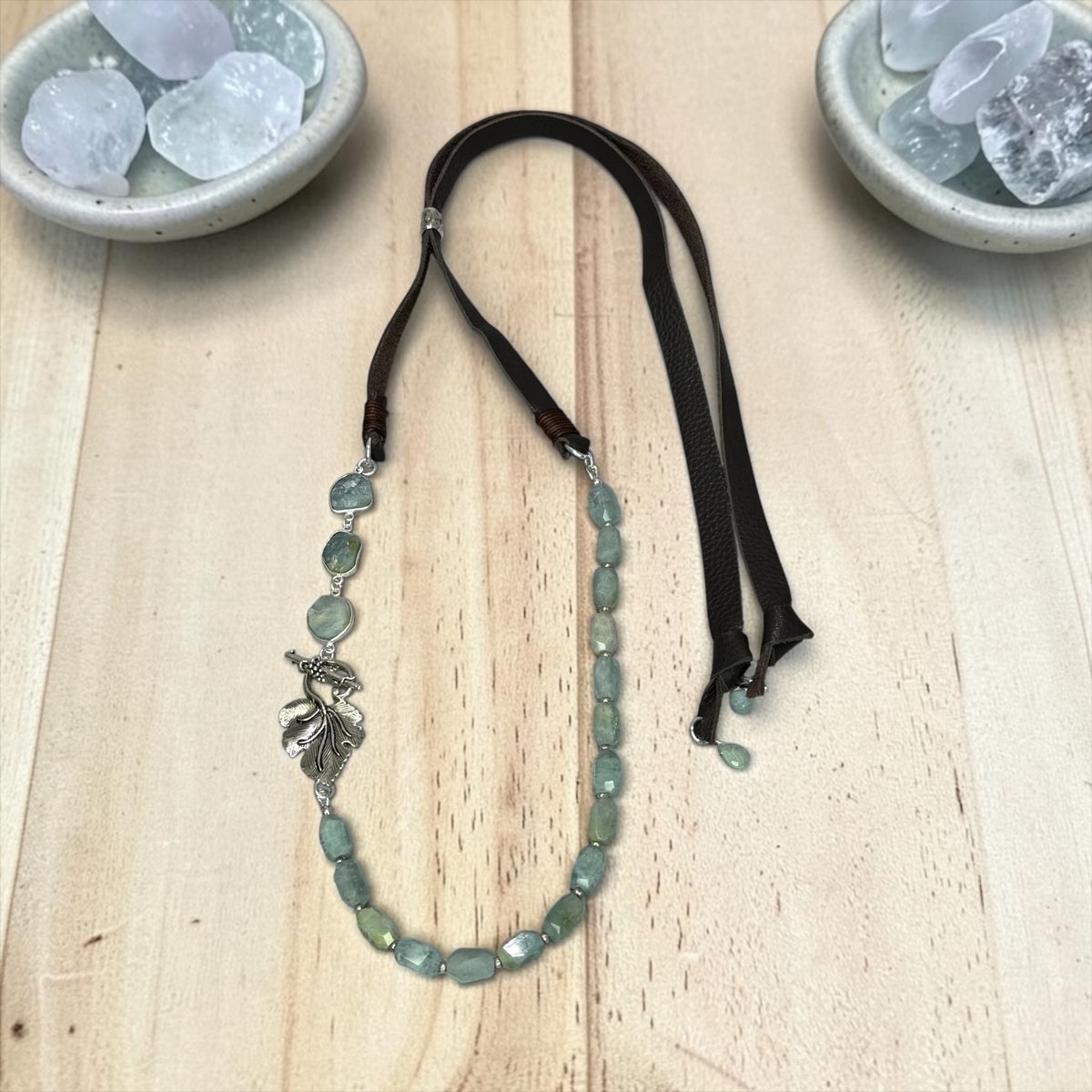 Soothe - Raw, Natural, Hand Cut Aquamarine and Artisan Silver Large Leaf - Adjustable Leather Necklace