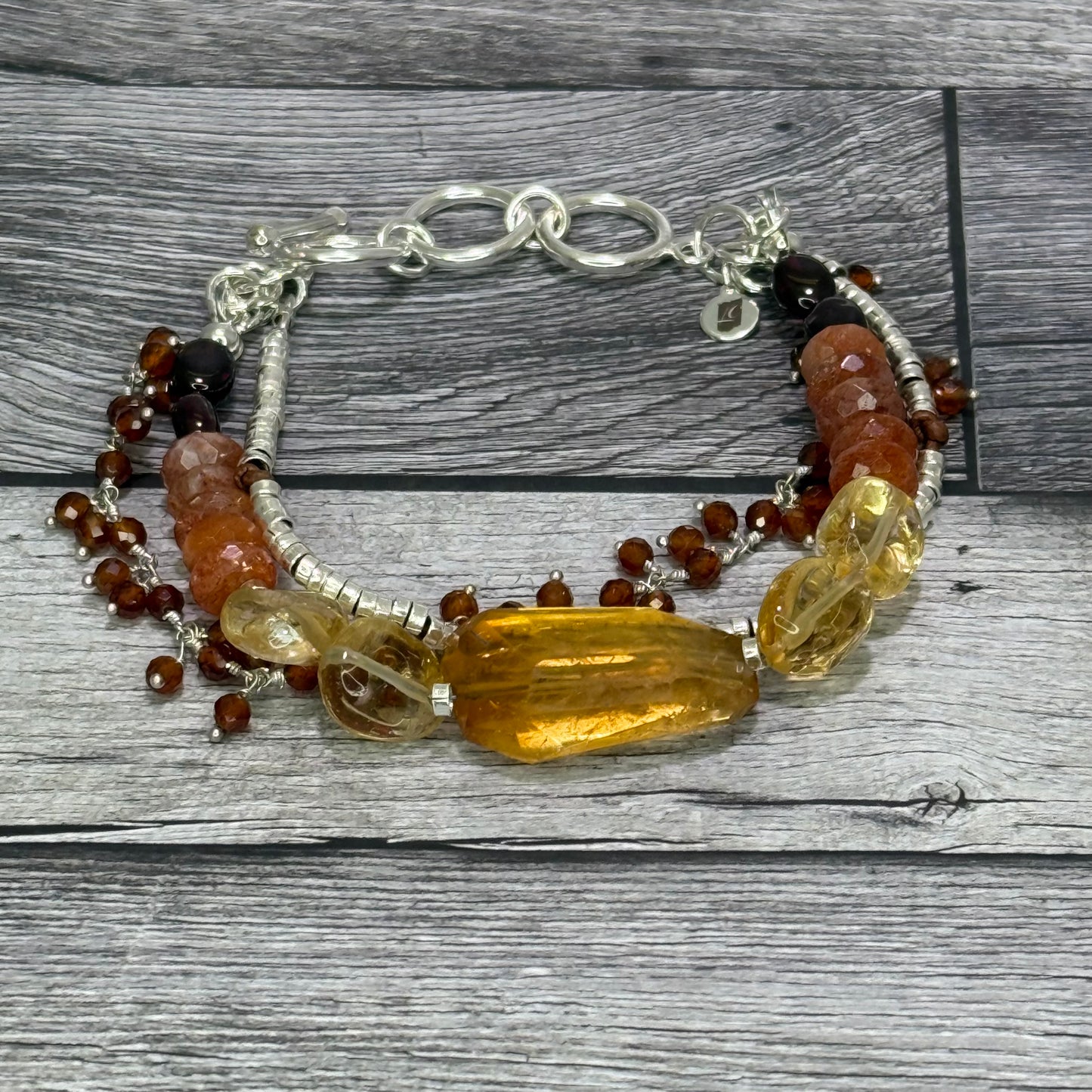 Ember - Big Bold Hand-cut Citrine, Sunstone, and Garnet Adjustable Sterling Silver Bracelet
