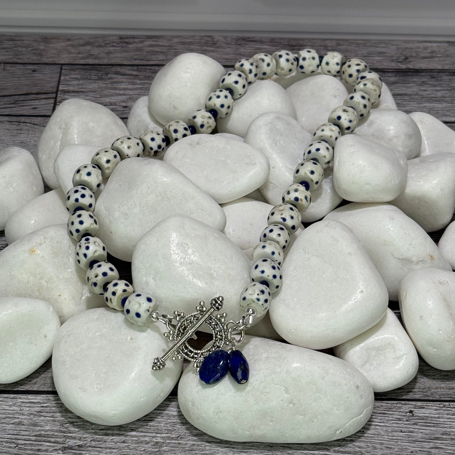 And Other Stories - Antique African Venetian Glass Trade Beads and Lapis Neckace, Handmade Sterling Silver Toggle Clasp