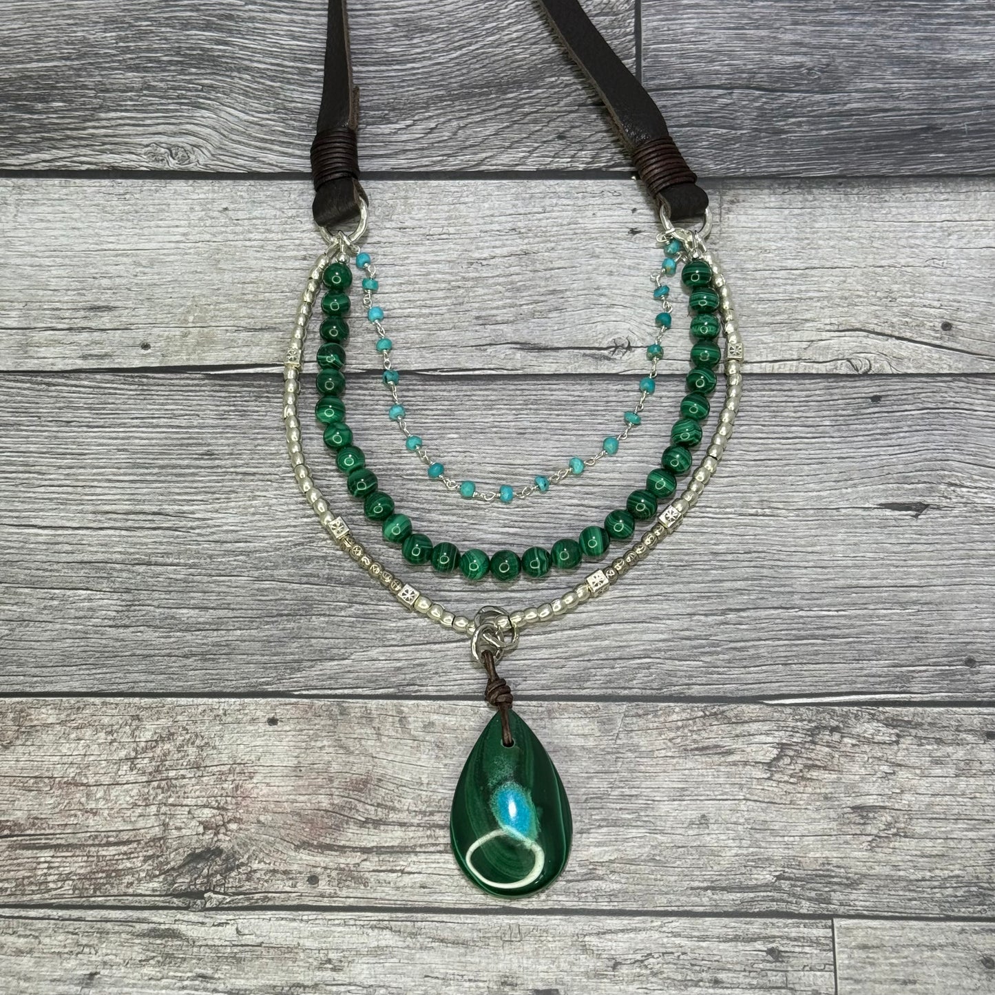 Dragonfly - One of A Kind Malachite/Azurite, Turquoise, and Handmade Pure Silver Adjustable Leather Necklace