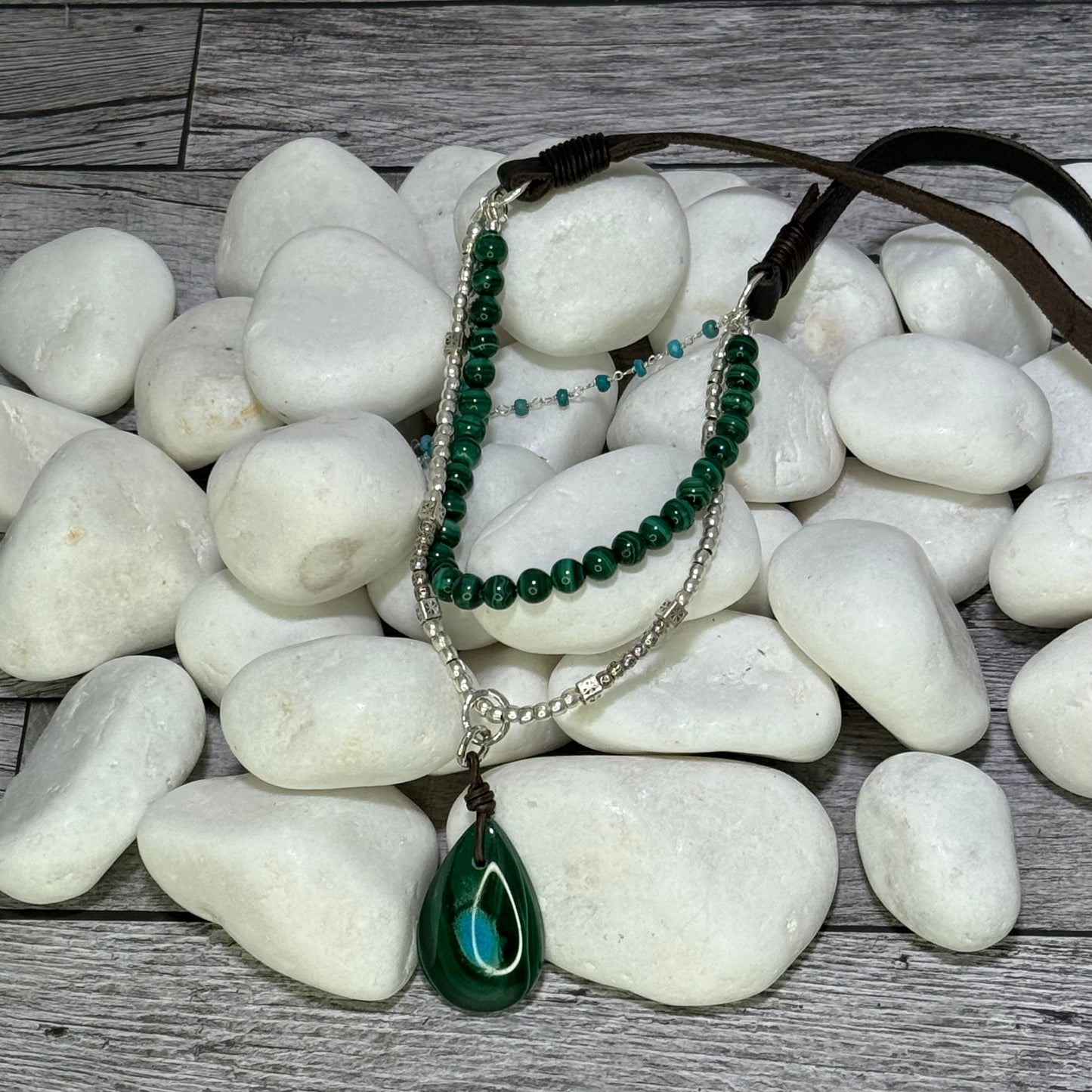 Dragonfly - One of A Kind Malachite/Azurite, Turquoise, and Handmade Pure Silver Adjustable Leather Necklace