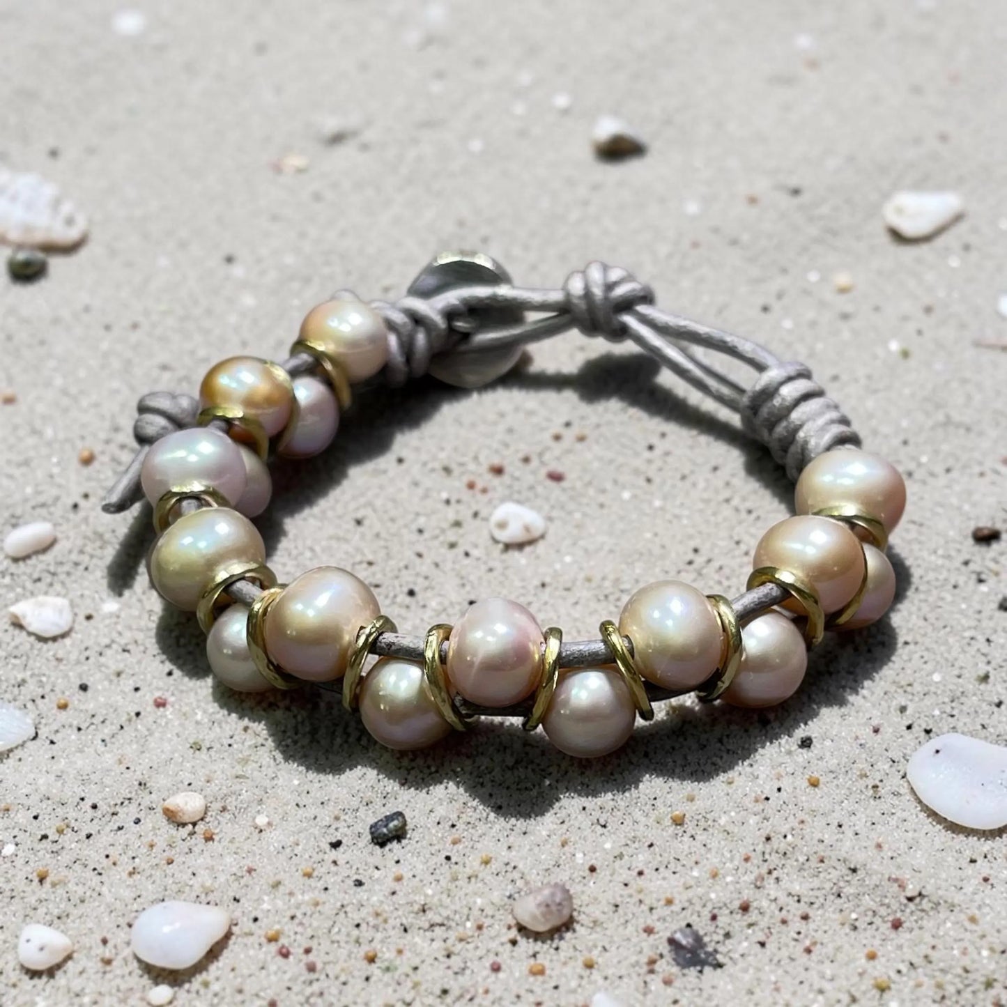 Pink Sky At Night - Rare, Large Pink Pearls, Handmade Gold Rings, and Leather - Adjustable Bracelet