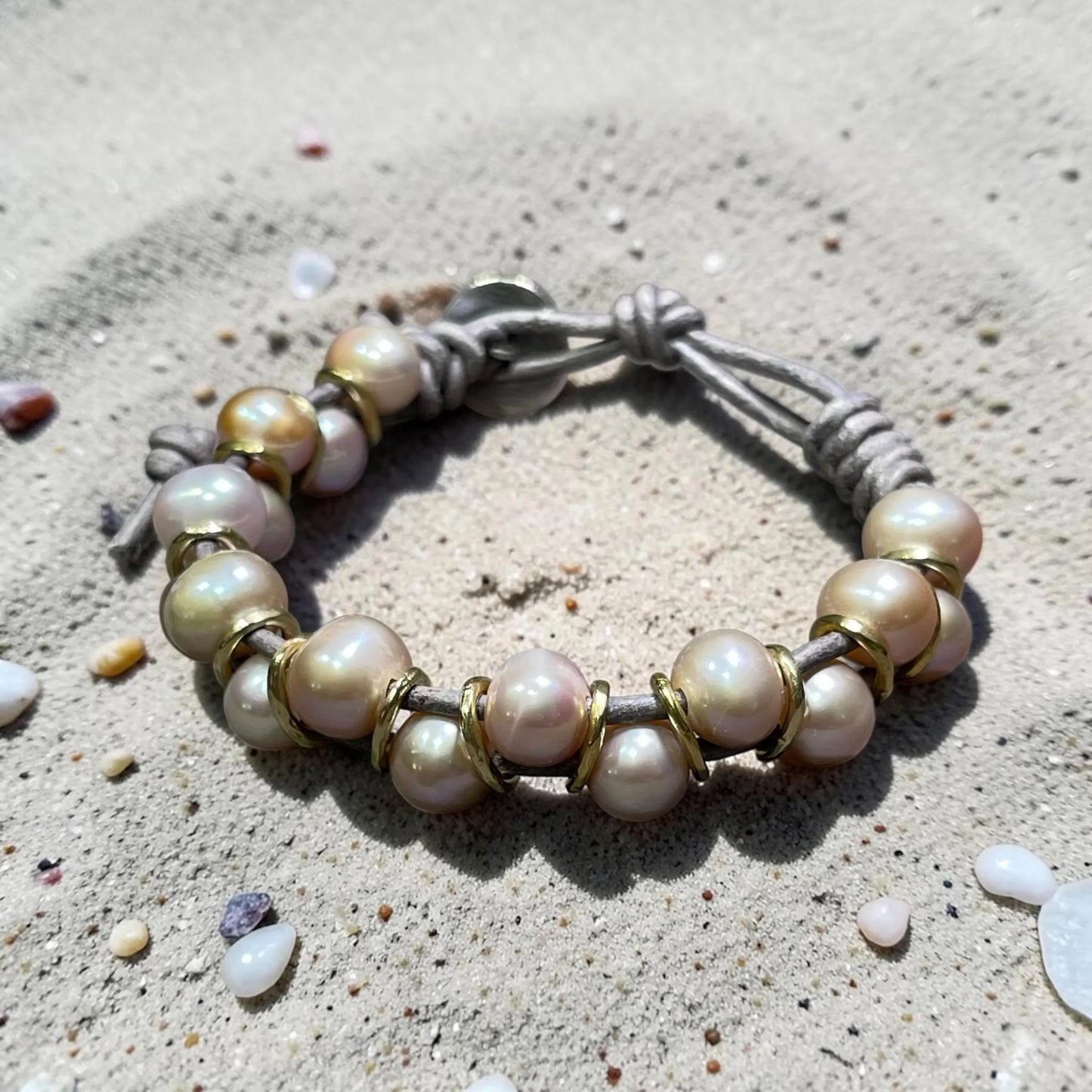 Pink Sky At Night - Rare, Large Pink Pearls, Handmade Gold Rings, and Leather - Adjustable Bracelet