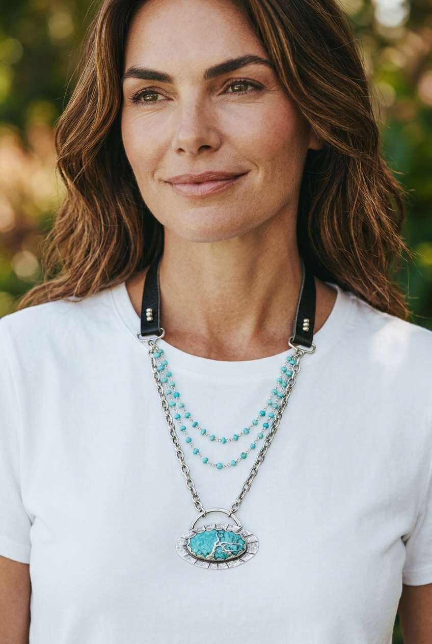 Free Spirit - Handmade Turquoise and Sterling Silver Pendant - Adjustable Leather Necklace