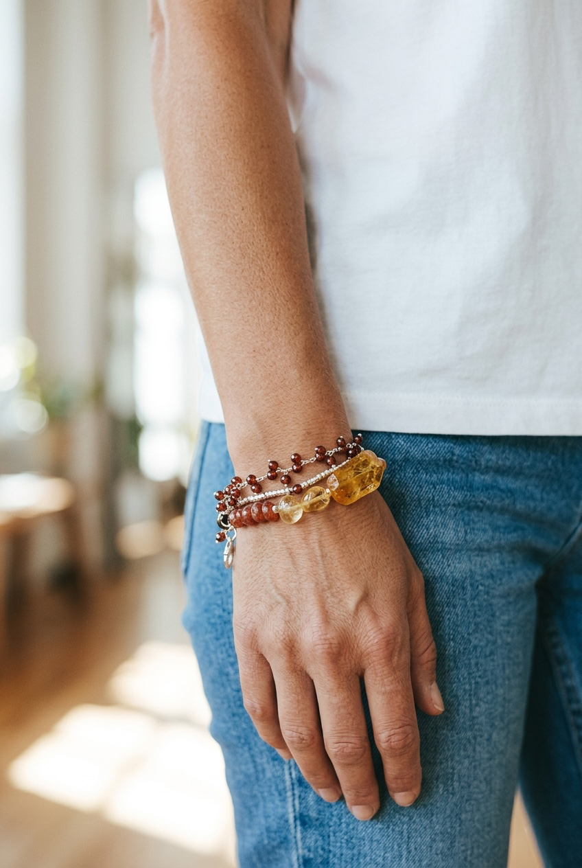 Ember - Big Bold Hand-cut Citrine, Sunstone, and Garnet Adjustable Sterling Silver Bracelet