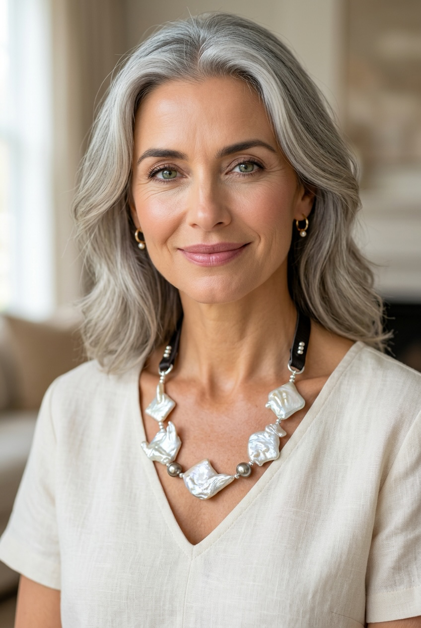 Neptune - Beautiful White Biwa and Tahitian Pearls - Leather Adjustable Necklace