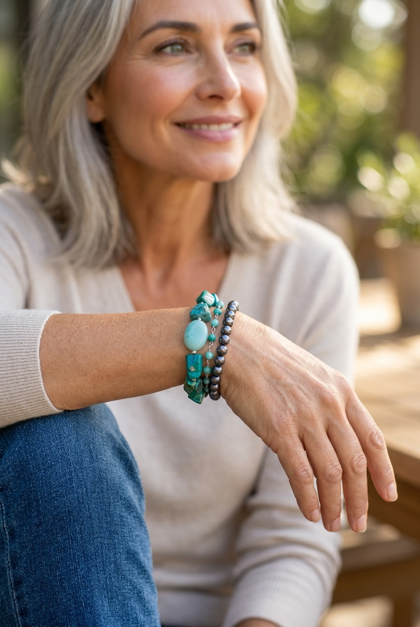 Secret Garden - Chrysocolla and Amazonite 3 Strand Bracelet with Artisan Sterling Silver Dragonfly/Leaf Charm