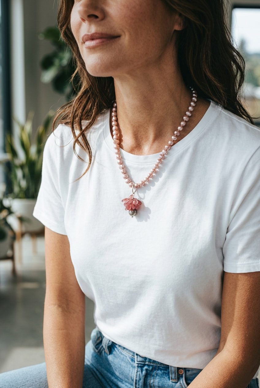 Strawberry Pop - Strawberry Quartz and Rosy Beige Pearls Necklace