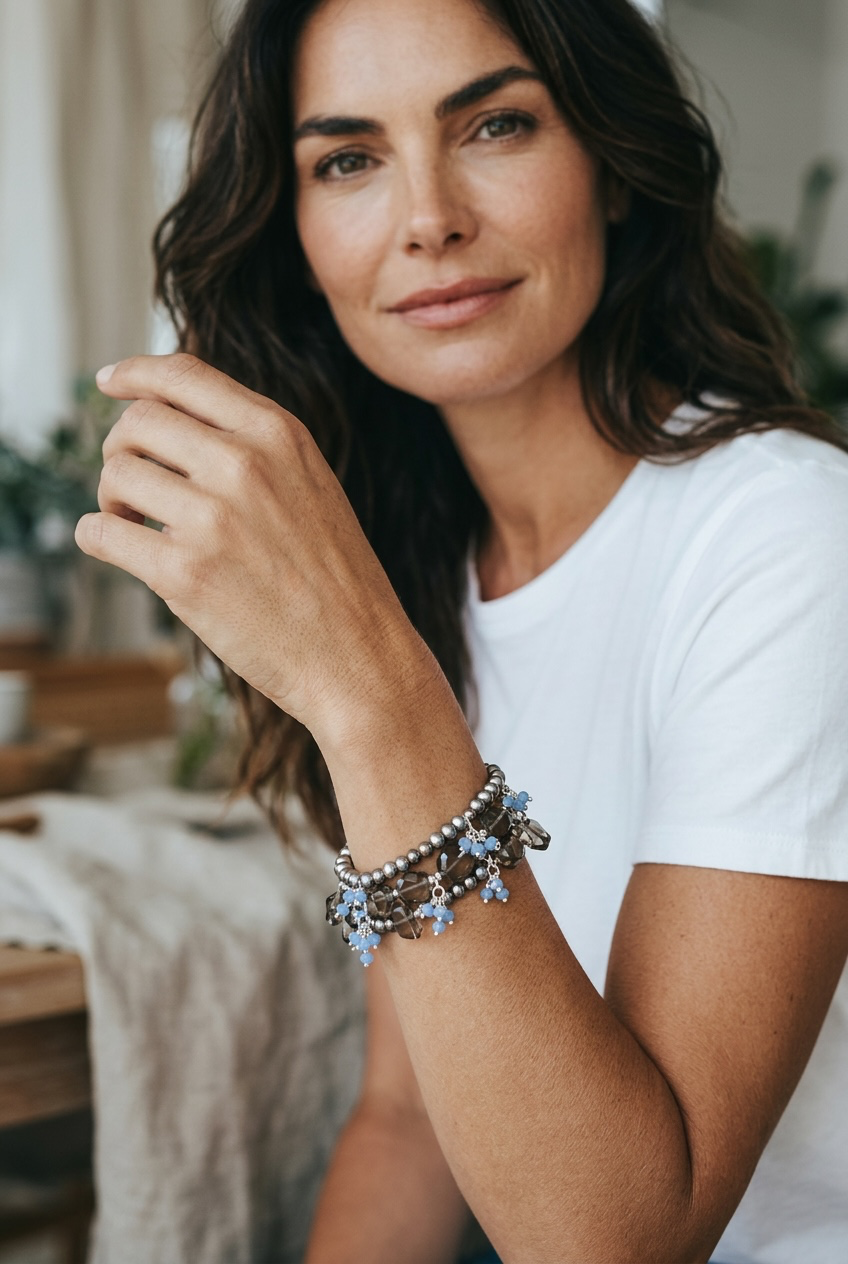 Smoke & Mirrors - Smokey Quartz, Sage Silver Peacock Pearls, and Blue Chalcedony 3 Strand Bracelet