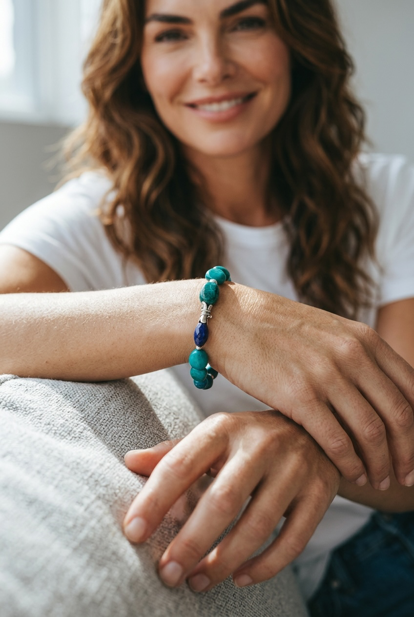 Meander - Deep Green Chrysocolla, Lapis, Pearl, and Artisan Sterling Silver Adjustable Bracelet