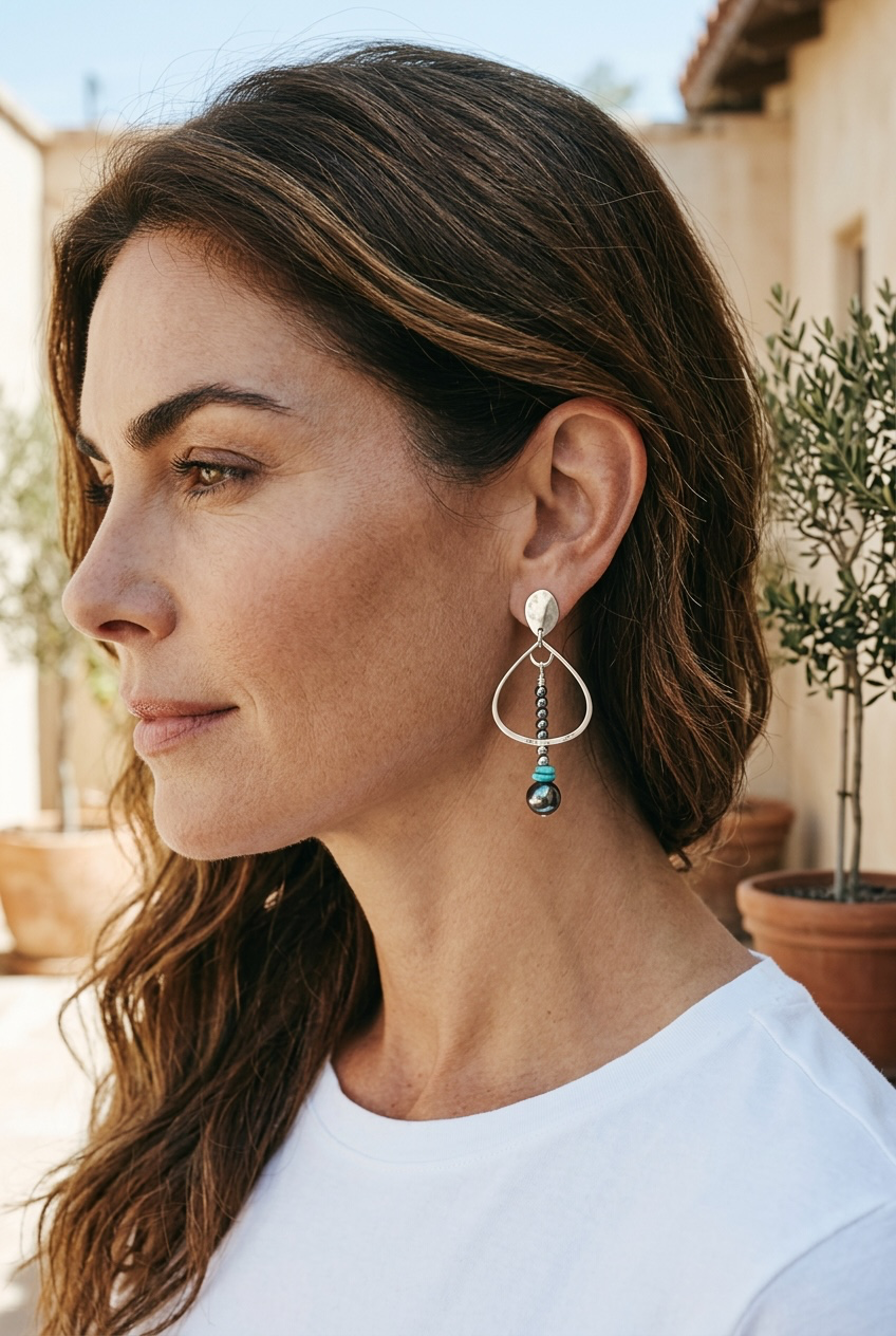 High Desert - Kingman Turquoise, Navajo Pearls and Artisan Sterling Silver Earrings