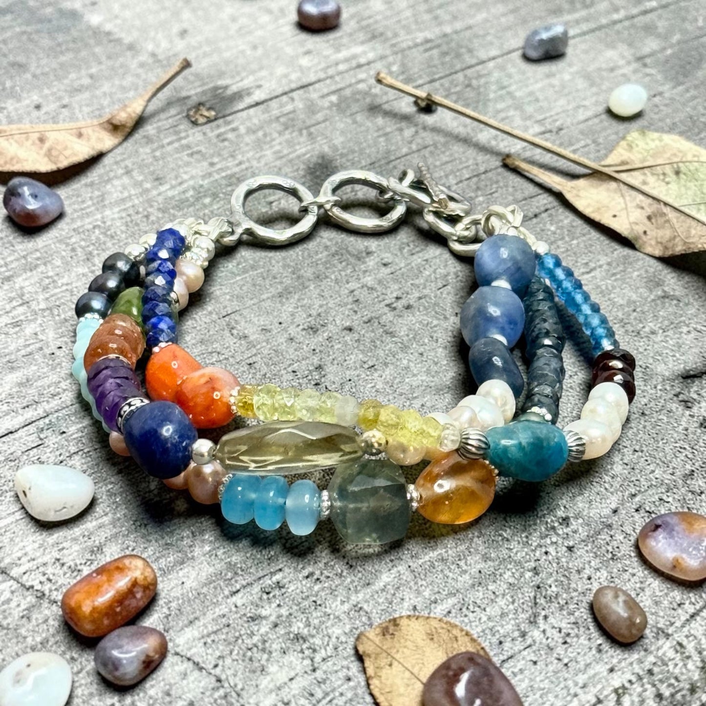 Cornucopia - Lapis, Garnet, Citrine, Opals, Pearls  - Mixed Gemstones 3 Strand Adjustable Bracelet
