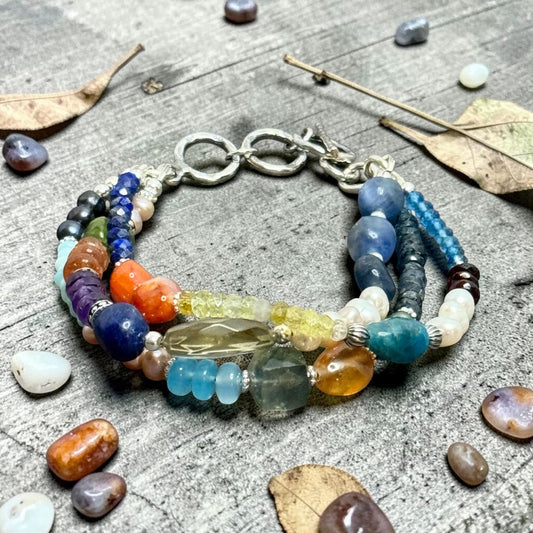 Cornucopia - Lapis, Garnet, Citrine, Opals, Pearls  - Mixed Gemstones 3 Strand Adjustable Bracelet
