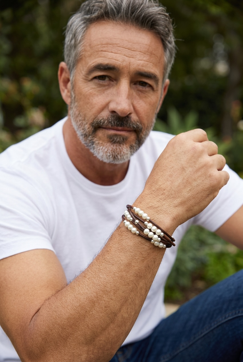 Pearly Pairings - White Pearls, Sterling Silver, and Leather Multi Strand Bracelet