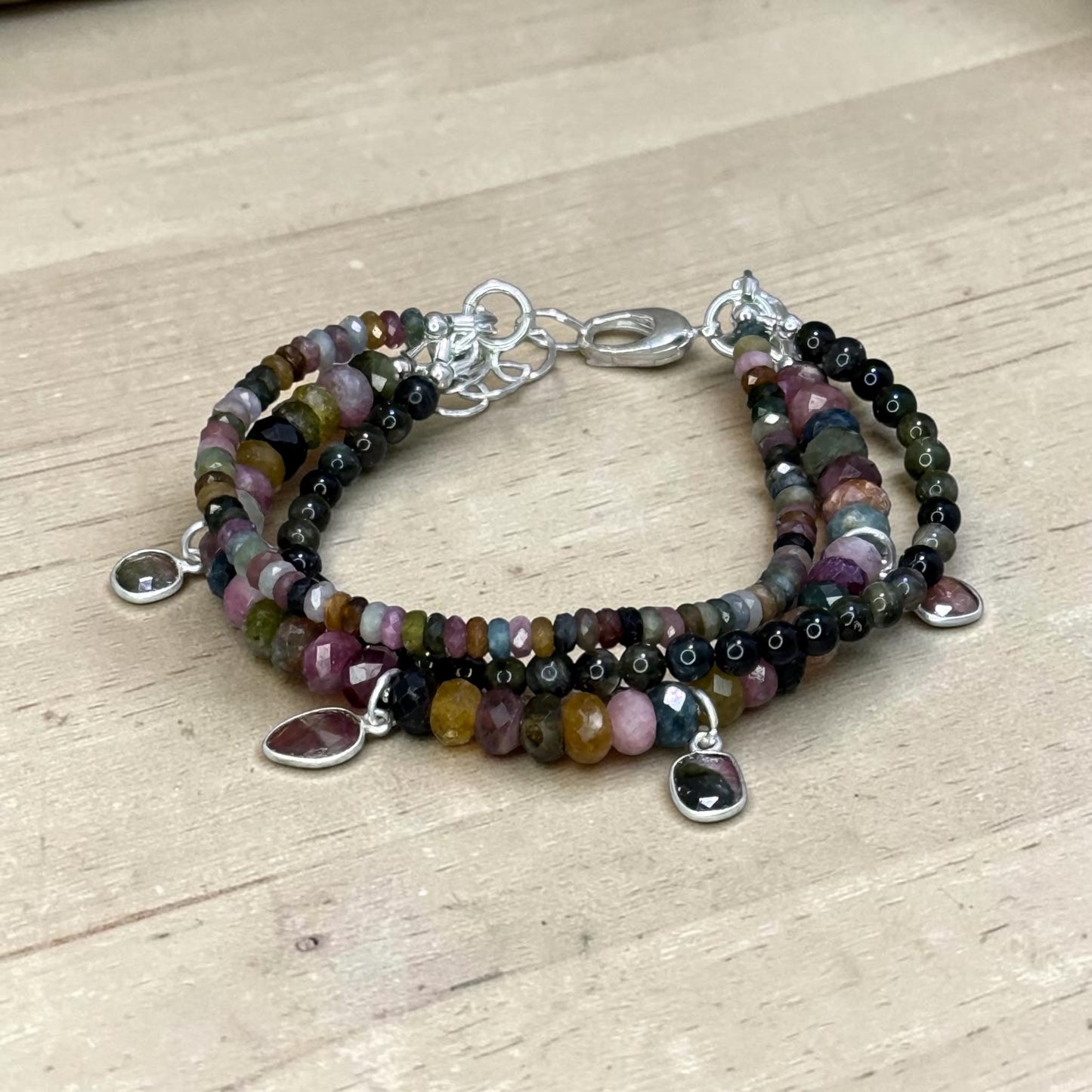 Forest Flowers - Mixed Tourmaline 3 Strand Bracelet with Handmade Tourmaline Charms