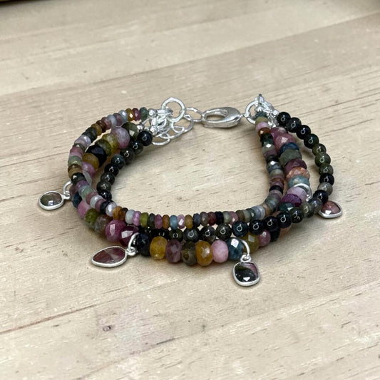 Forest Flowers - Mixed Tourmaline 3 Strand Bracelet with Handmade Tourmaline Charms