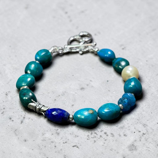 Meander - Deep Green Chrysocolla, Lapis, Pearl, and Artisan Sterling Silver Adjustable Bracelet