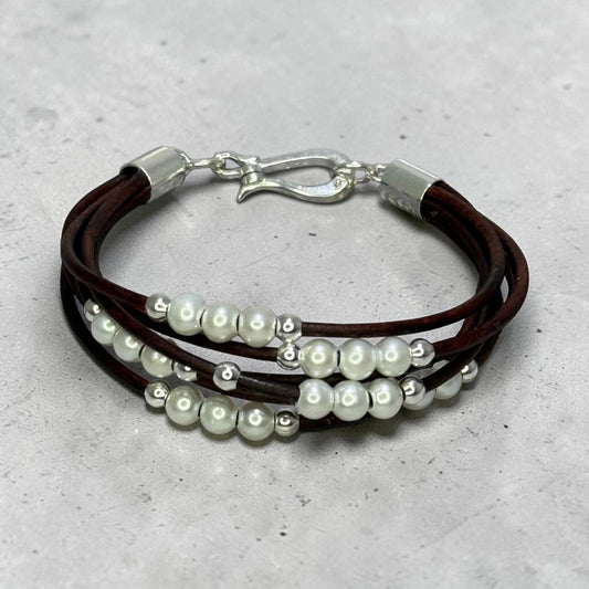 Pearly Pairings - White Pearls, Sterling Silver, and Leather Multi Strand Bracelet