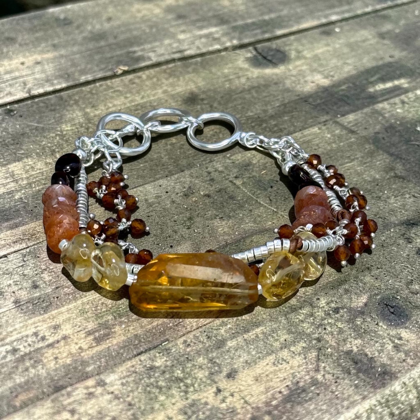 Ember - Big Bold Hand-cut Citrine, Sunstone, and Garnet Adjustable Sterling Silver Bracelet