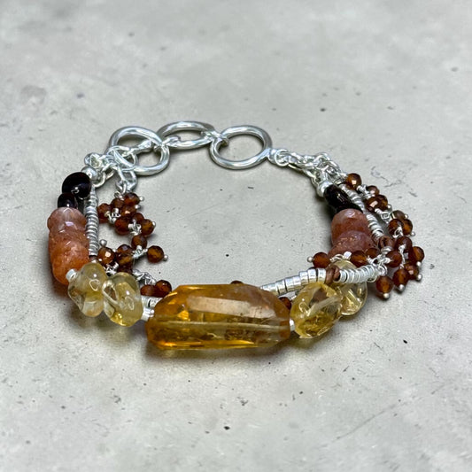 Ember - Big Bold Hand-cut Citrine, Sunstone, and Garnet Adjustable Sterling Silver Bracelet