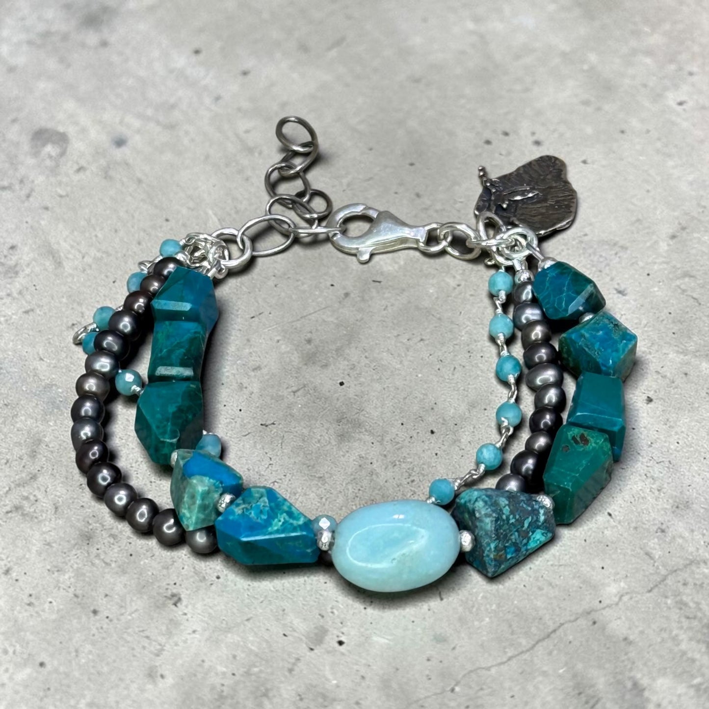 Secret Garden - Chrysocolla and Amazonite 3 Strand Bracelet with Artisan Sterling Silver Dragonfly/Leaf Charm