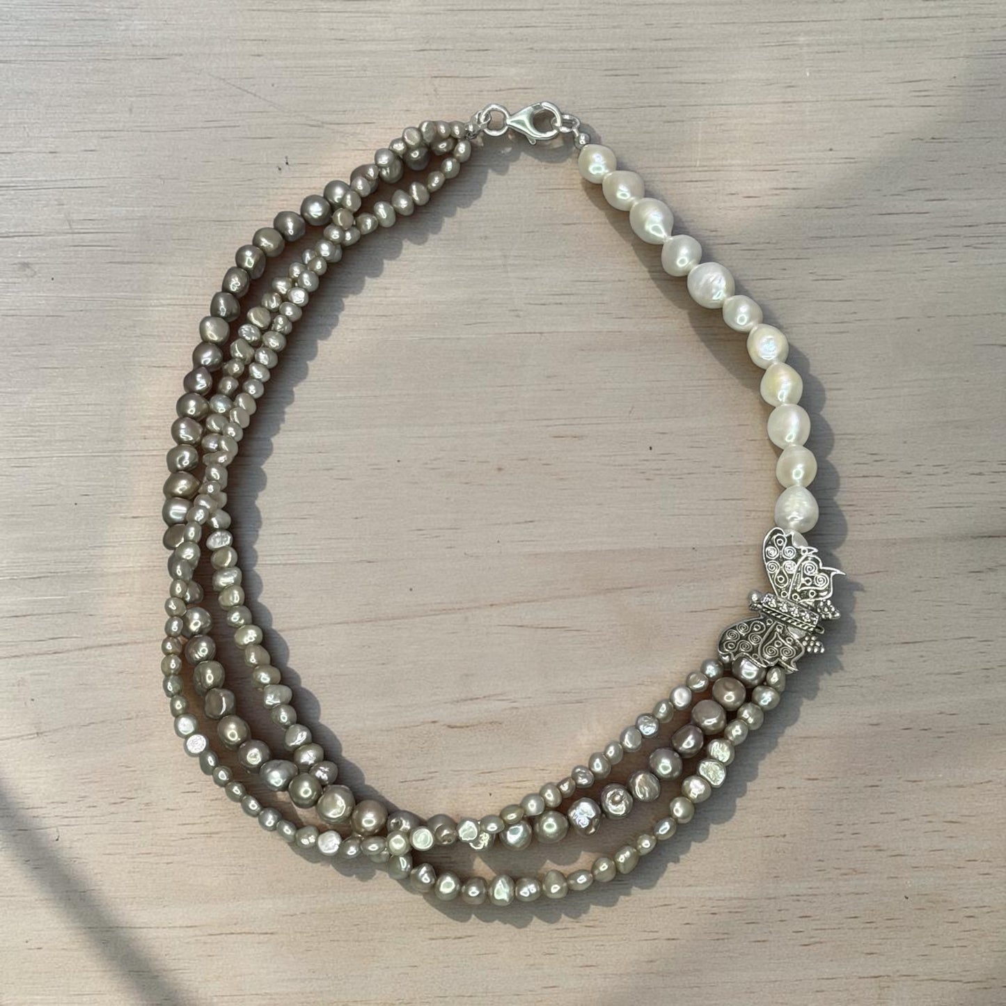 Flights of Fancy - Cream and Taupe Baroque Pearls and Handmade Sterling Silver Buttefly