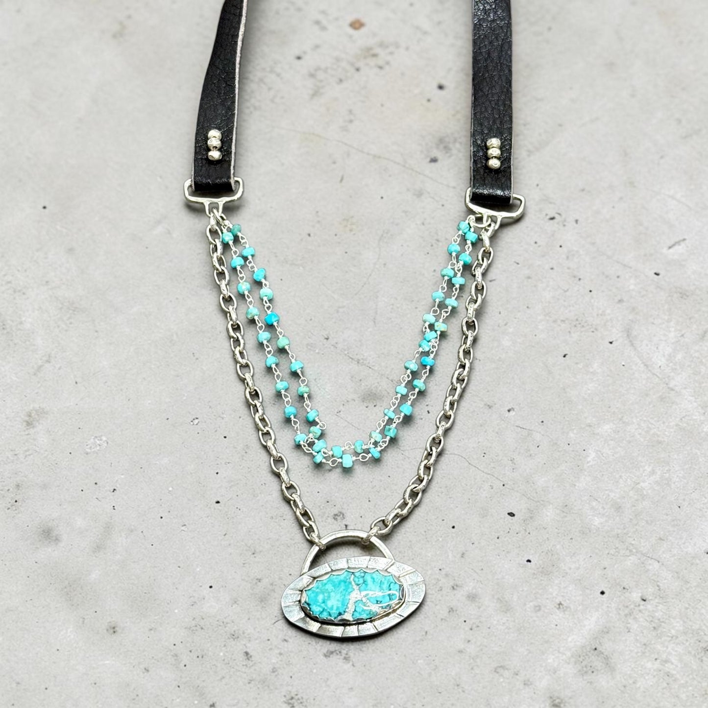 Free Spirit - Handmade Turquoise and Sterling Silver Pendant - Adjustable Leather Necklace