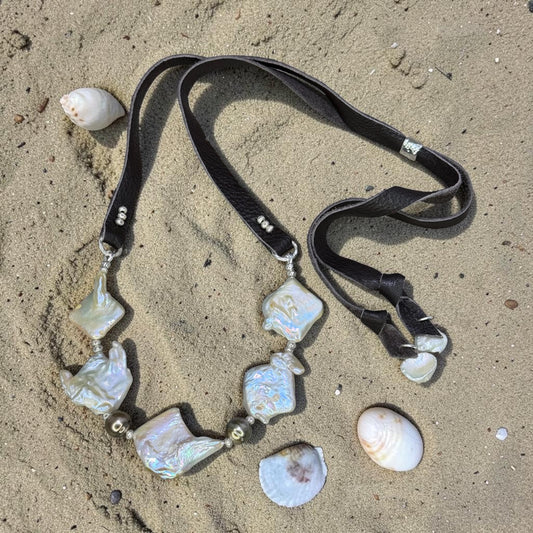 Neptune - Beautiful White Biwa and Tahitian Pearls - Leather Adjustable Necklace