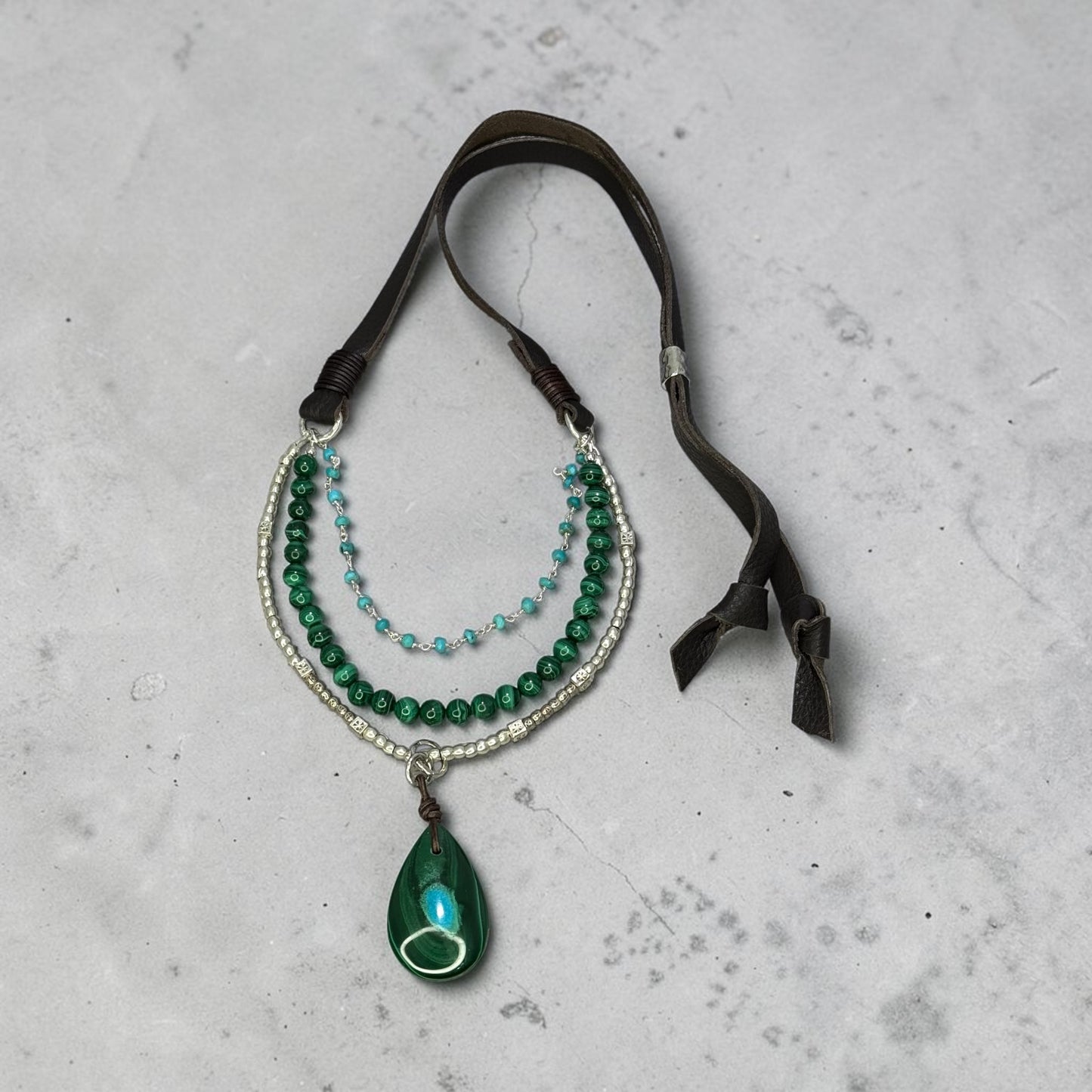Dragonfly - One of A Kind Malachite/Azurite, Turquoise, and Handmade Pure Silver Adjustable Leather Necklace
