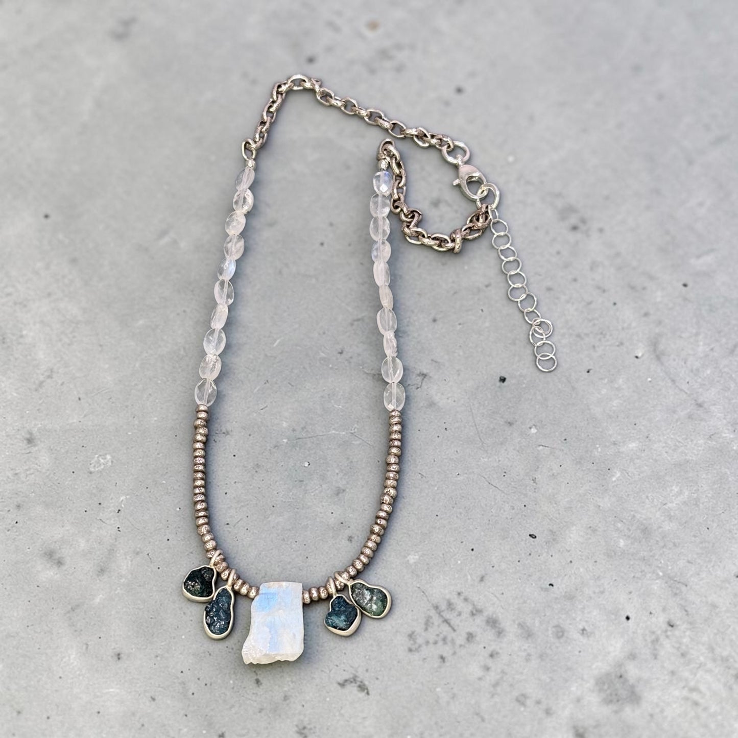 Diamond In The Rough - Raw, Natural Diamonds, Rainbow Moonstone, and Handmade Pure Silver Necklace - Choose Silver or Blue Diamonds