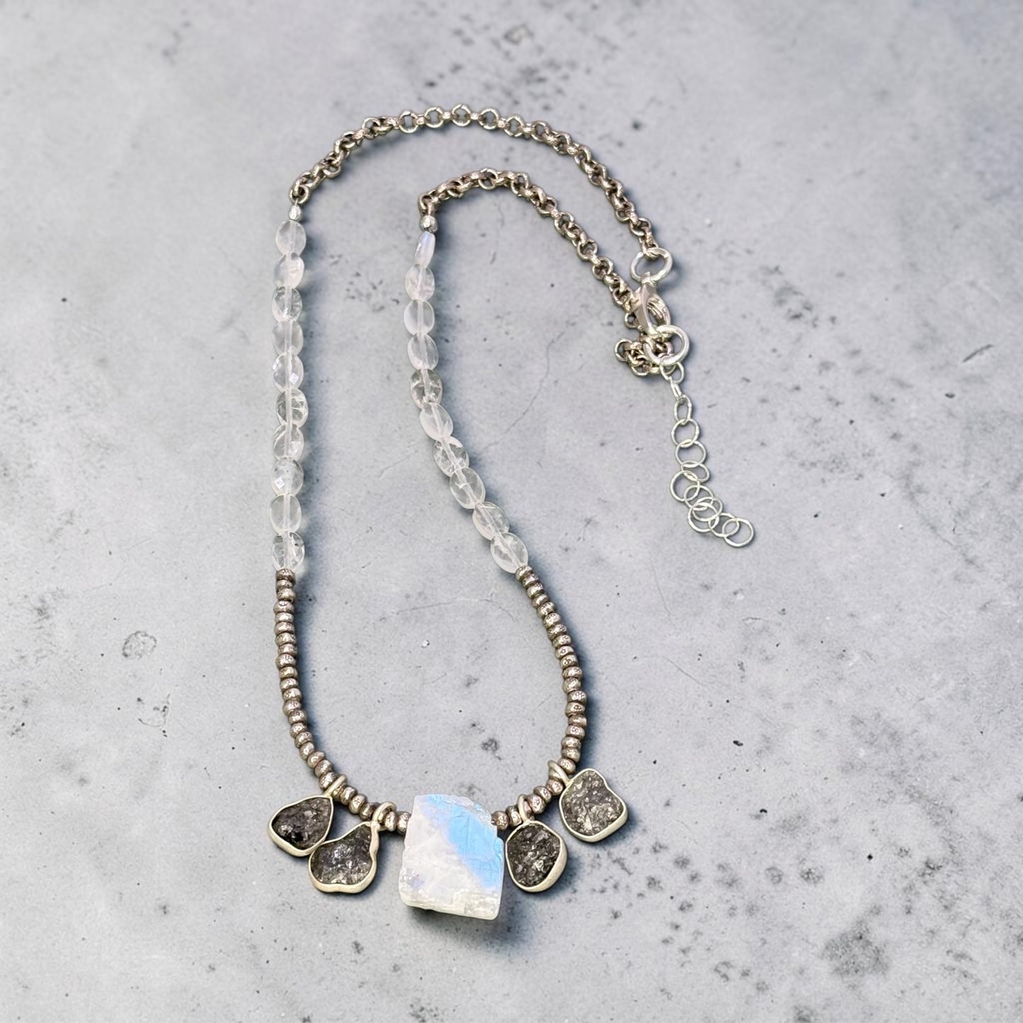 Diamond In The Rough - Raw, Natural Diamonds, Rainbow Moonstone, and Handmade Pure Silver Necklace - Choose Silver or Blue Diamonds